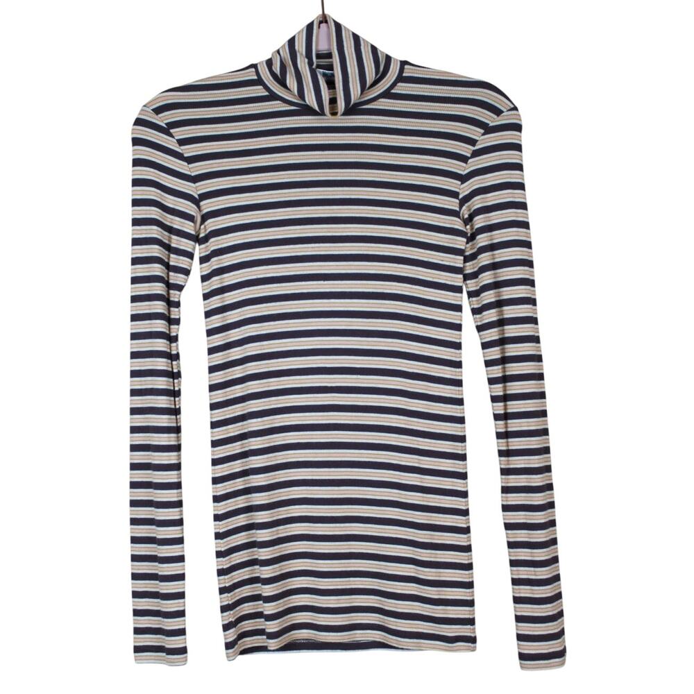 Wilfred Aritzia Brown Neustral Stripe Turtleneck Fitted Stretch Soft Knit Top